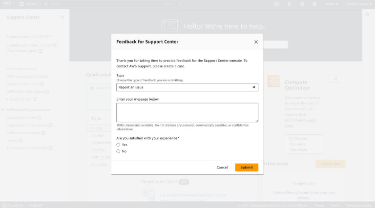image from my paper that shows how to report an issue, ticket, etc from AWS support page
